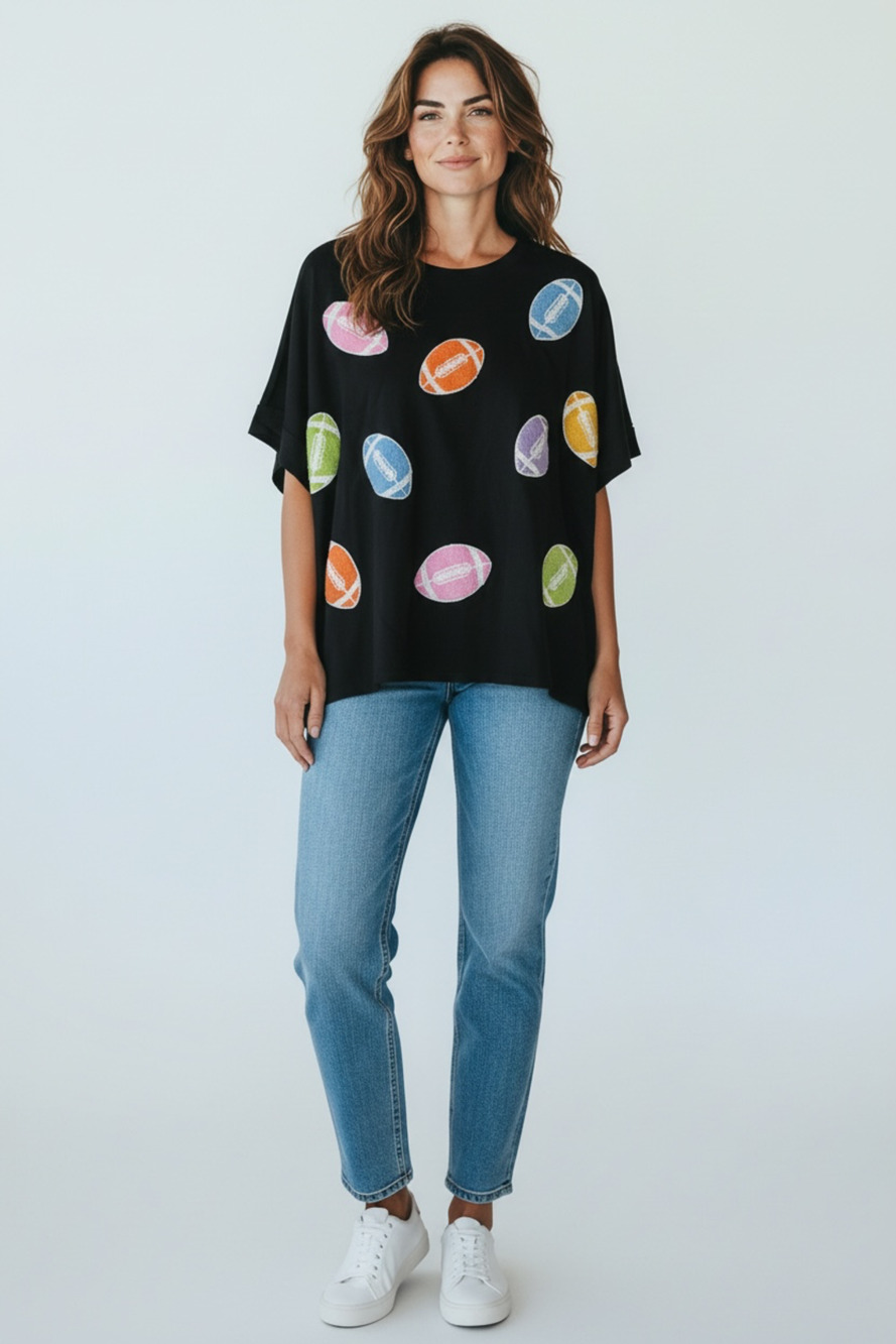 New Peach Love Sequin Football Chenille Patch Black Oversized Top size M